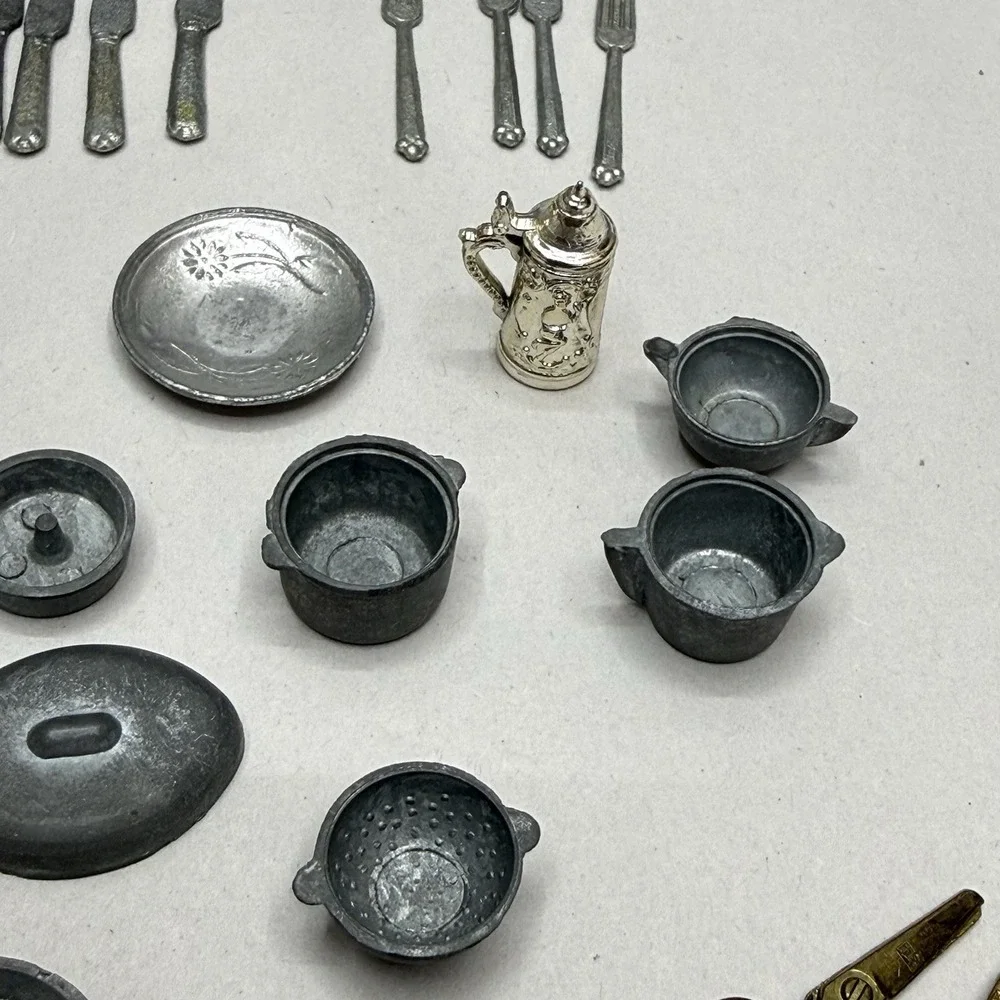 Vintage dollhouse lot miniature cooking pans pots‎ flatware metal tools kitchen